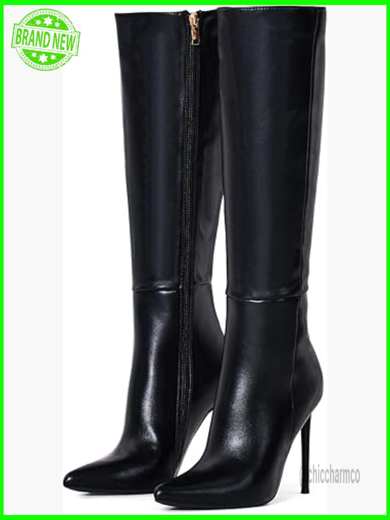 Stiletto Knee High Boots Pointed Toe Leather Heeled Boots Winter